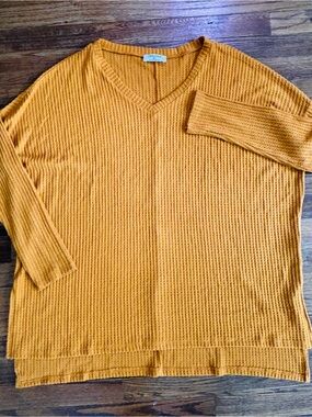 Zenana Outfitters Women's V-Neck Waffle Knit Sweater - Mustard Yellow